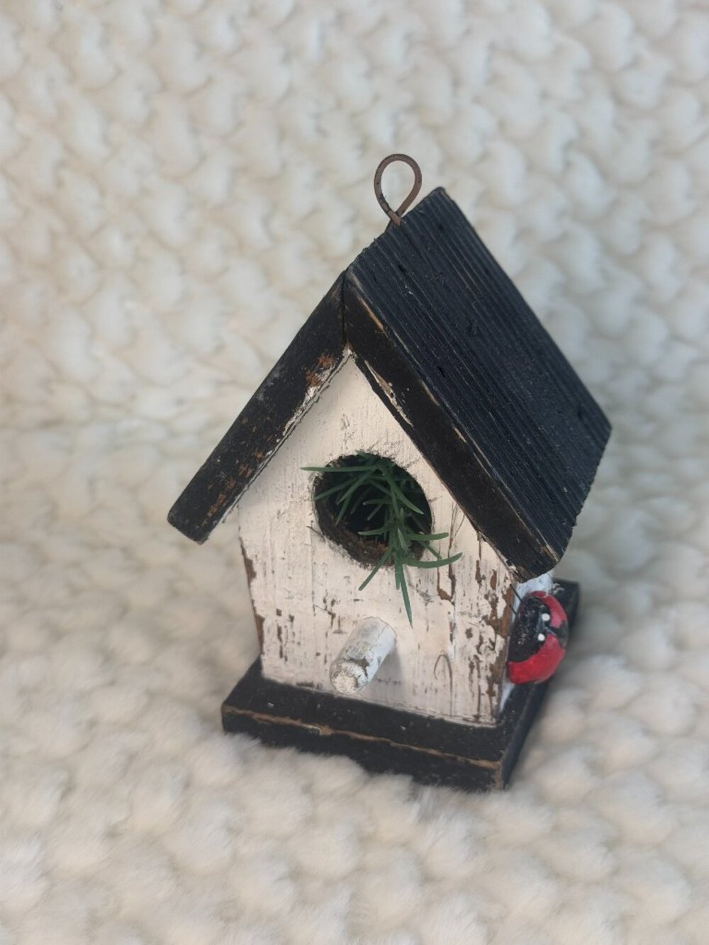 Rustic Wooden Birdhouse Ornament with Ladybug